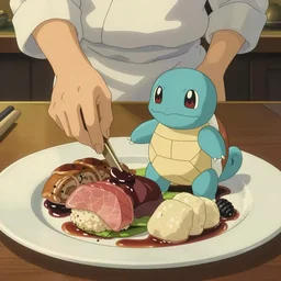 a shot of a beautiful delicious plate of food, a hand crafted chef artisan meal made of squirtle, amazing food illustration, chef table, in style of studio ghibli, miyazaki, anime