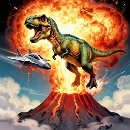 a t - rex dinosaur piloting a fighter jet flying out of the top of an exploding volcano in the style of a silver - era comic