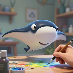 a manta ray character who sells paints, designed by splatoon nintendo, inspired by tim shafer psychonauts 2 by double fine, cgi, professional design, gaming