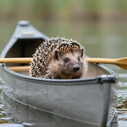 a hedgehogin a canoe on water, professional photography, low angle camera, depth of field, focus