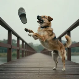 a dog with cement shoes being thrown off a bridge realistic cinematic 3 5 mm