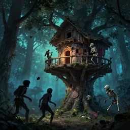 zombies and skeletons attacking a tree house in a beautiful forest, night, fantasy art, conceptart, artstation
