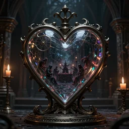 a darkmagic heart inside glass and metal framework with dark magic in the air, inside a medieval dungeon with candley, grimdark magic ritual, 8 k, realistic render, octane render, unreal engine, style by greg rutkowski, intricate details, cinematic lighting