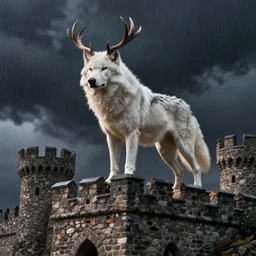 a large white wolf with antlers stands on top of a castle wall, artstation, jakub rozalski, high detail, dramatic lighting, night, rain
