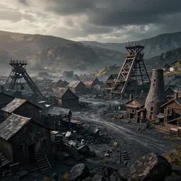 an ultra realistic, cinematic, fantasy landscape, with a deserted coal mining town, detailed, deep focus, movie still, dramatic lighting, ray tracing, by wlop and ross tran