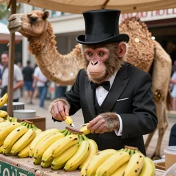 a photorealistic monkey wearing a top hat and a suit negotiating on price for bananas at a street vendor run by a camel