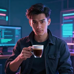portrait of a handsome software engineer having a cup of coffee. cyberpunk style, digital art artstation cgsociety
