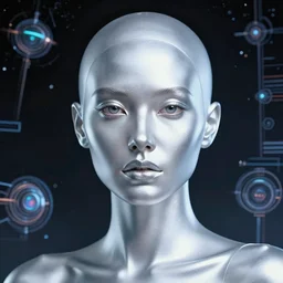 retrofuturistic portrait of woman smooth shiny chrome skin, space graphics in background, close up, quint buchholz, wlop, dan mumford, artgerm, liam brazier, peter mohrbacher, raw, featured on artstation, octane render, cinematic, elegant, intricate, 8 k