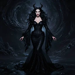 style of tom lovell : : gorgeous willa holland : : evil witch, swirling black magic, black dress : : symmetrical face, symmetrical eyes : : full body pose : : gorgeous black hair : : magic lighting, low spacial lighting : :