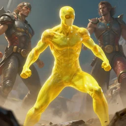 translucent realistic slim muscular yellow armored suit superhero in battle, fantasy digital art, vivid color style artstation, style greg rutkowski and frank frazetta and mucha and richard corben, octane render, unreal engine 6, epic game graphics, fantasy, conceptual art, ray tracing