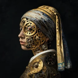 a woman's face in profile, made of intricate clockwork, in the style of the dutch masters and gregory crewdson, dark and moody