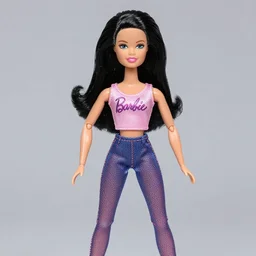 super muscular barbie, black hair,