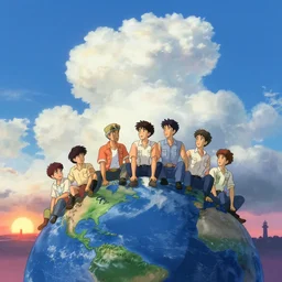 wild life poster, several worker men sit at earth and look to each other, blue sky with beautiful white clouds, sunset, lighthouse silhouette on horizon, inspired by famous anime artist, most popular anime cartoon