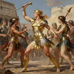 muscular warrior women doing glorious battle in ritualistic combat, roman coliseum, female gladiator, neoclassical art