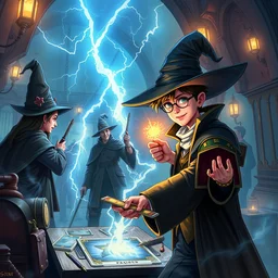 magician tarot cards, the lightning spellbook, character design, scene art, rich colors, detailed realistic rendering, by stephan pui - mun law, station, star harry james potter, by rebecca yanovskaya, ar 1 0 : 5