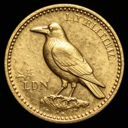 a ancient gold coin depicting a crow, london mint, very detailed, artstation, full frame, dramatic shading, jonathan pointer, janie penny,