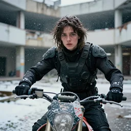 cinestill 5 0 d candid photographic portrait by helen levitt of britt lower wearing rugged black mesh techwear on a dirtbike through an abandoned mall, extreme closeup, modern cyberpunk moody emotional cinematic, snow storm, 8 k, hd, high resolution, 3 5 mm, f / 3 2, ultra realistic faces, ex machina