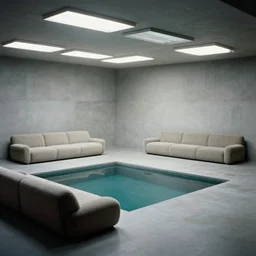 upholstered sofas, fluorescent ceiling lighting, rectangular water pond!, a large minimalistic concrete rectangular! room! ( no windows )!, a tilt shift photo by leandro erlich, featured on cg society, kitsch movement, hall of mirrors, high dynamic range, studio portrait