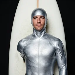A full portrait photo of silver surfer marvel surf board, f/22, 35mm, 2700K, lighting, perfect faces, award winning photography.