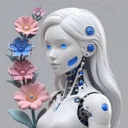 analogous achromatic monochromatic colors 3D render of a beautiful woman cyborg, white hair, blue eyes, 150 mm, flowers, Mandelbrot fractal, anatomical, flesh, mesh structure, wired, microscopic, hyperrealistic, ultra detailed, neural network with neurosynapsis glowing, elegant, highly detailed, flesh ornate, high fashion, rim light, octane render in the style of H.R. Giger and Man Ray