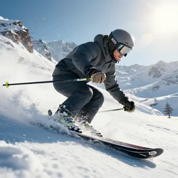 a close up profile shot of a skier rushing down a snowy mountian. 8 k, epic cinematic hyperrealism masterpiece. realistic poster with shaded lighting by craig mallismo, artgerm, jeremy lipkin and michael garmash, unreal engine, radiant light, detailed and complex environment, digital art, art station trends, detailed, lens flare, motion blur