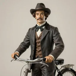 close up portrait of a life size victorian mannequin standing in with a bicycle, 8 k, soft lighting, highly detailed realistic, face in focus 1 8 9 0's liminal