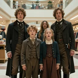 sharp, highly detailed, 4096k film, frame still from a sci fi blockbuster color movie made in 2019, a family of four time travelers from 1860 travel in time to 2019, appearing in a shopping mall, looking surprised, the family are all wearing 1860s era clothes, cinematic lighting, in focus, cinematic still, high quality scan, in focus