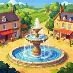 a fountain in the center of a castletown bazaar, at midday, from a fantasy point and click 2 d graphic adventure game, art inspired by john shroades, king's quest, sierra entertainment games, colorful landscape painting