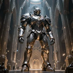 a huge armored cyber knight inside an underground cathedral, futuristic, gothic, sci-fi, brutalism, hyperdetailed, Cinematic, Wide Angle, Kinemacolor, Massive, Artstation, 8k