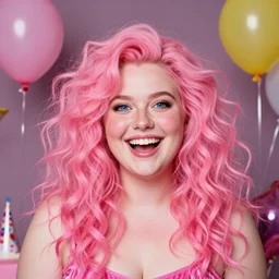 a dslr 8 5 mm professional portrait of a white young adult woman, chubby, round and soft features, freckles, pink undertones, round blue eyes, wild long thick pink curls, joyful smile, jubilant, party themed, very joyful and happy vibes, 3 b curls, balloons and party supplies, portrait by annie leibowitz