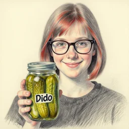pencil drawing of a smiling girl with short grey red hair and dark rim glasses, she is proudly holding a fido jar into the camera. close up photo. the fido jar is filled with big green pickles, by jean metzinger