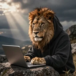 lion in a hoodie hacking on a laptop, stock photography