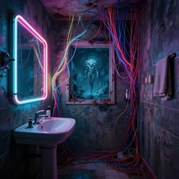 A bathroom, neon, RGB, glowing wires everywhere, decay, by Edgar Maxence and Ross Tran, Zdzisław Beksiński, and Michael Whelan, distant, gustav dore, H.R. Giger, 8k, octane render