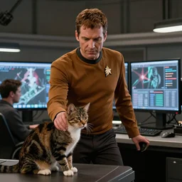 captain kirk stroking a cat, while plotting the eradication of his enemies. photo.  hyper-real