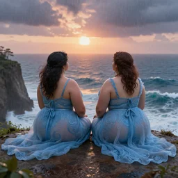 a stunning 3 d rendered landscape of two thicc and voluptuous women in gossamer blue dresses sitting on a cliff facing away from the camera in the rain watching the sunrise over the ocean, turbulent ocean in the background, intricate, elegant, highly detailed, artstation, ultra sharp focus, octane render, volumetric lighting, art by jugendstil and alphonse mucha