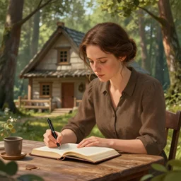 a brown female author writing a book in a cottage in the woods, detailed digital art, trending on artstation, realistic! 8k