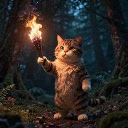 a cat holding fire torch, dark night forest, unrealengine, cinematic