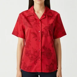 red aloha shirt, with dark flowers, photograph, modelling, worn by a woman