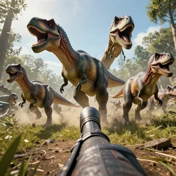 realistic photo first person perspective, dinosaurs stampede attacking and chasing me, professional photography, high detail, cinematic lighting