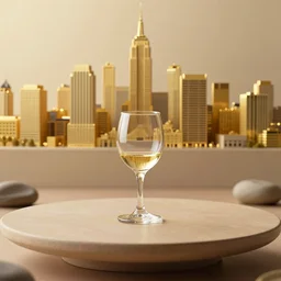 5 5 mm photo of small wine - glass on a zen minimalist table with gold new york city skyline in the background. highly detailed 8 k. intricate. lifelike. warm soft light. nikon d 8 5 0.