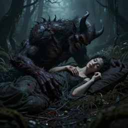 monster watching someone sleep, demoniac, scary, uncanny valley