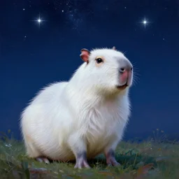 white capybara under a sky full of stars, surreal photography, volumetric light, impressionist painting, digital painting, artstation, kilian eng, john harris, bastien lecouffe - deharme, simon stalenhag