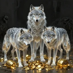 wolves and their treasures. digital painting. dungeons, gold, translucent, intricate detail dynamic lighting, hyperrealistic, octane render, highly detailed concept art