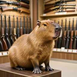 capybara sitting on shotgun in gun store,