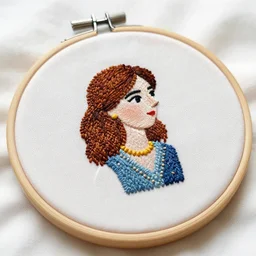 a tiny beautiful handmade embroidery of a woman. hand embroidery.