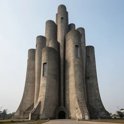 a sci - fi beautiful brutalist hypermodern monument, with many rounded brutalist towers sprouting from the base tower creating a feel of a tree - like structure, photography