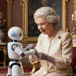 Queen Elizabeth playing with a android white robot in the Buckingham palace