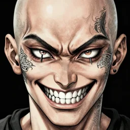 bald man with two spikes through his eyes, intricate tattoos around the eyes, wide evil grin, character close up, art by karol bak, yohi shinkawa, yoshikata amano, ultrafine detail, artstation, high quality