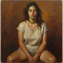 detailed full body portrait in strong femininity, ethnic, realistic face sculpted features, statuesque model, plain untucked shirt, seated, tousled hair, warm cast, bathed in light, filmic, chiaroscuro, specular highlights, angular impressionism, radiosity, deep rich tones, contemporary art, oil on canvas