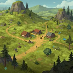 view from a hill overlooking a very small rural outpost, from a space themed point and click 2 d graphic adventure game, detailed, set design inspired slightly by hg giger and tomb raider, art inspired by thomas kinkade